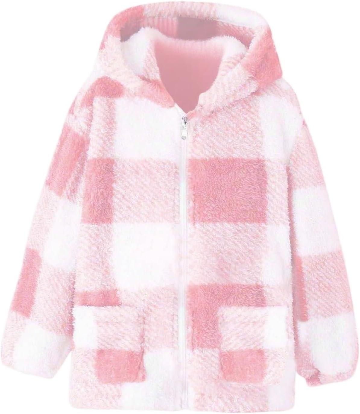 Girls Fleece Jacket Winter Coat Teddy Bear Fleece Jacket Kids Zip Up Hoodies Checked Hooded Jackets Fluffy Sweatshirt Plush Coat Plaid Hoodie Fuzzy Jackets Outwear For 8-14 Years