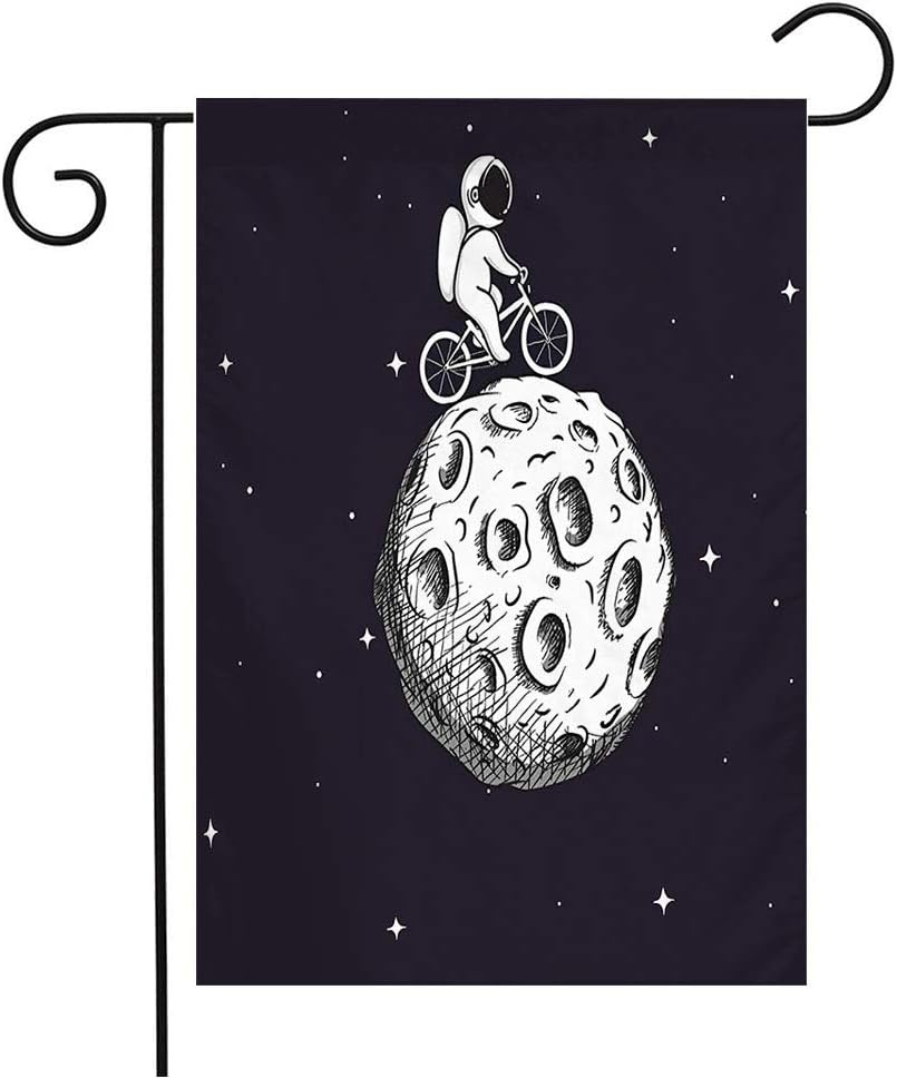 Welcome Garden Flag Moon Vintage Spacewalk Cute Astronaut Rides Scientific Childish Wear On Bicycle Moonprints Science Seasonal Garden Flags for Patio Lawn Outdoor Home Decor Gift 12 X 18 Inch