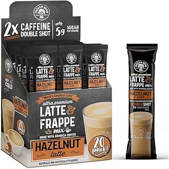 Hazelnut Frappe & Latte Instant Mix (20 Sticks), Made with Arabica Coffee, Double Shot Caffeine, Low Sugar & Premium Ingredients, Hot, Iced, or Blended Drinks