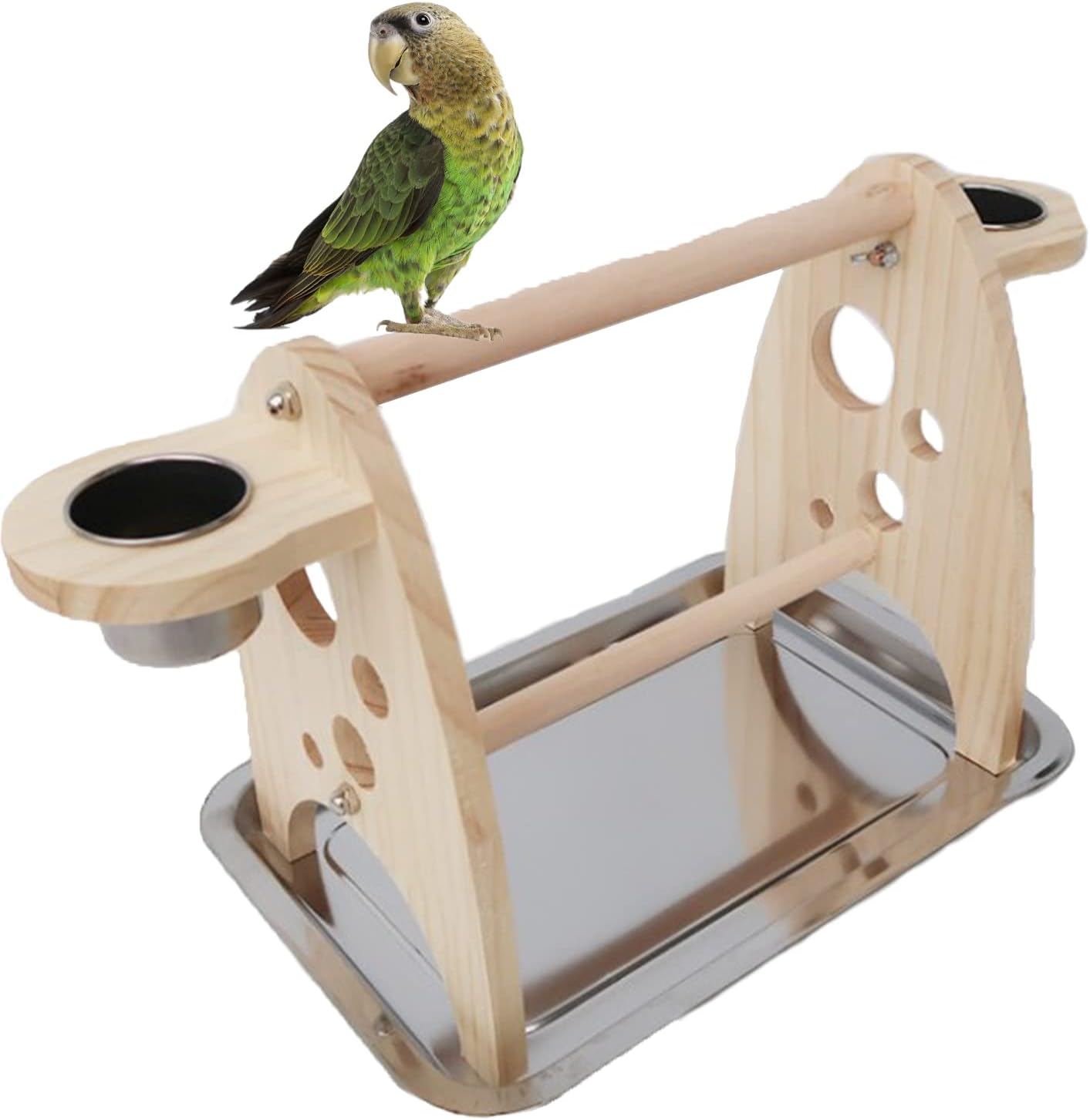 Hamiledyi Parrot Wood Perch Stand Bird Grinding Table Platform Birdcage Feeder Stands with Feeder Dish Cup Portable Play Toys Table…
