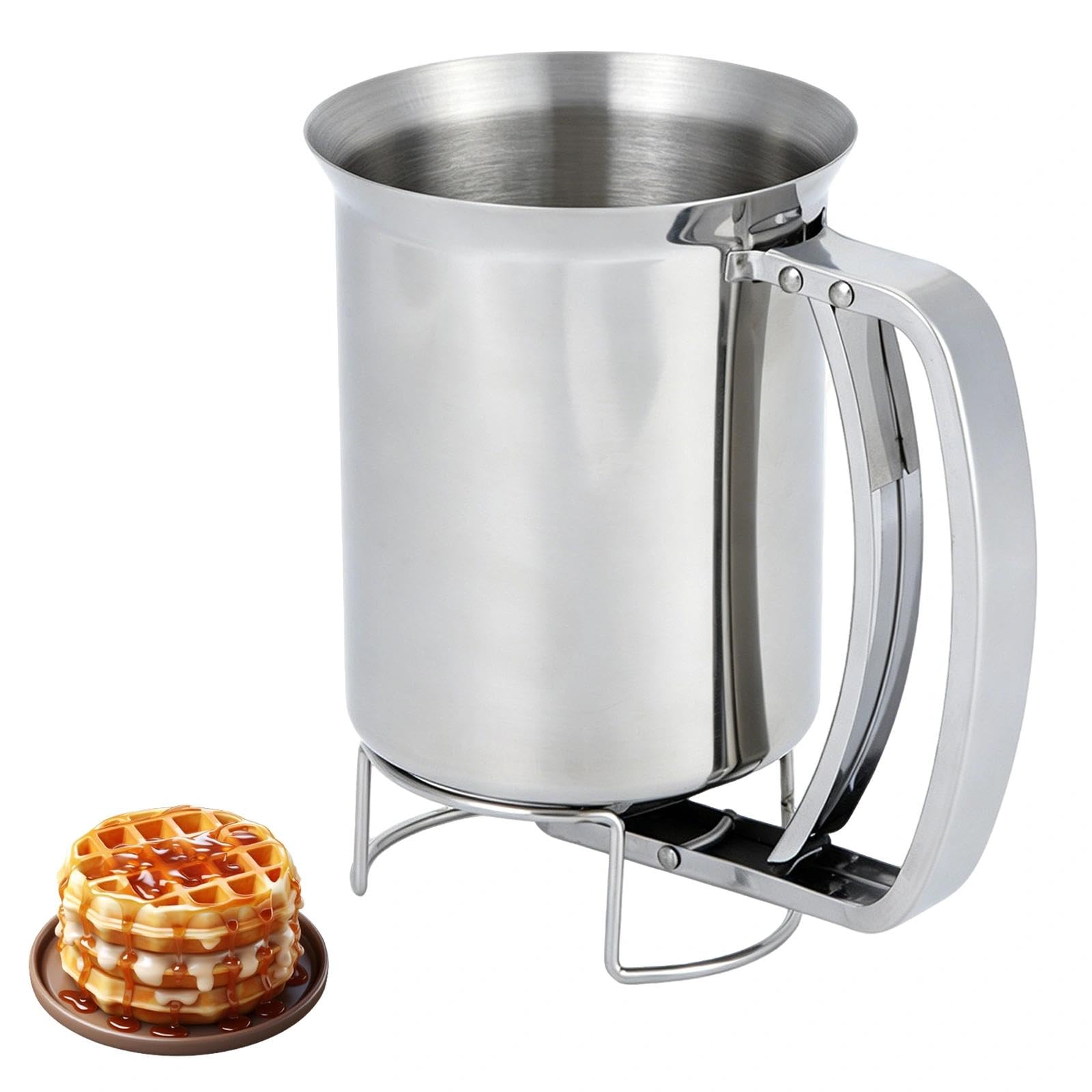 1L Stainless Steel Pancake Batter Dispenser with Handle, Rack, Kitchen Piston Funnel Batter Pourer for Baking, Cupcake, Waffle Mix, Cake, Sauce, Mortar Making ﻿