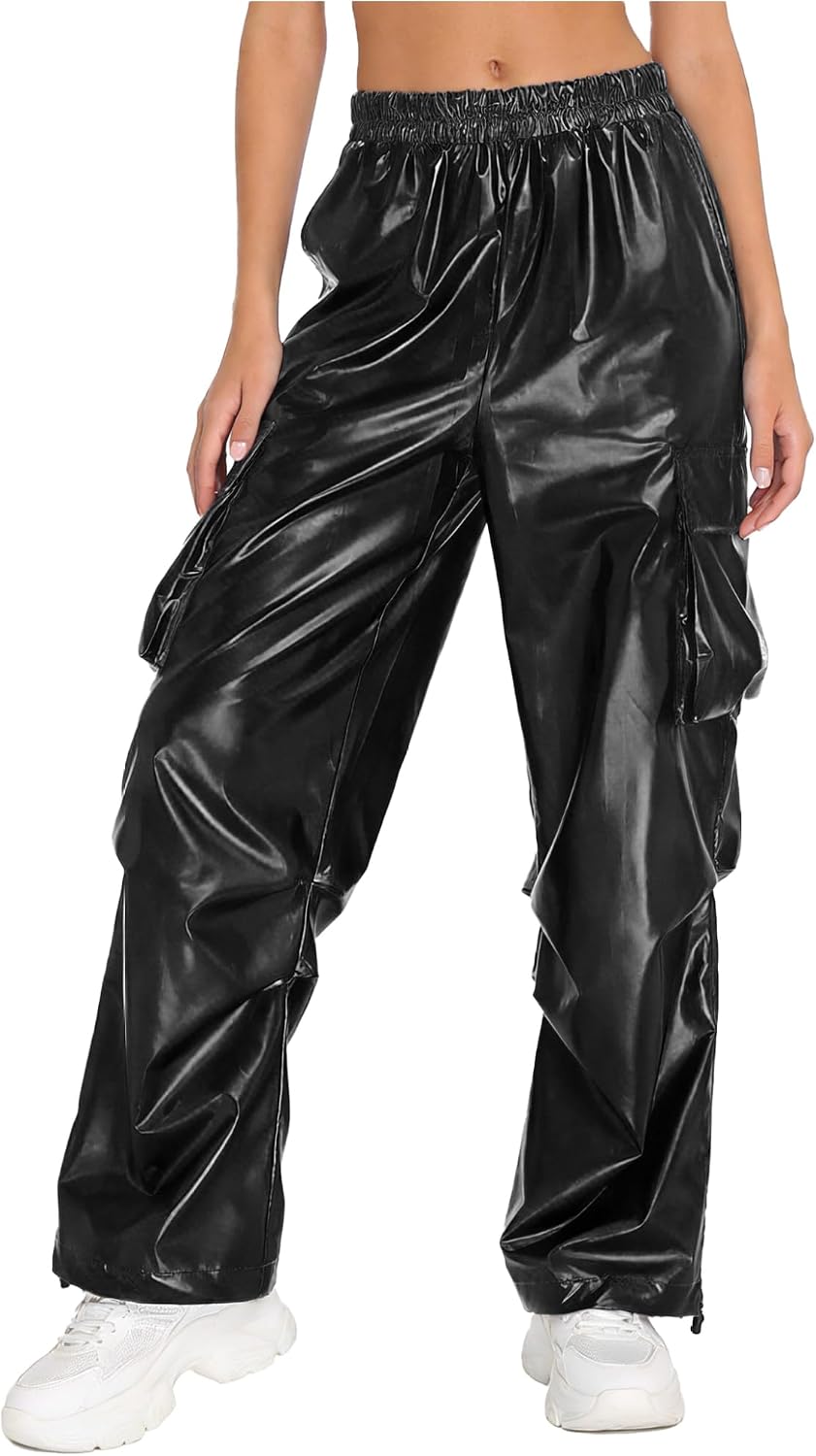 Women's Y2k Metallic Elastic Waist Cargo Pants Wide Leg Baggy Hip Hop Dance Rave Joggers Trousers