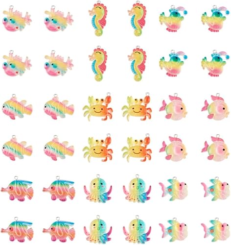 36 dijes de resina con temática oceánica, peces de resina, pulpo, caballo de mar, cangrejo, colgantes con purpurina en polvo, animales marinos,