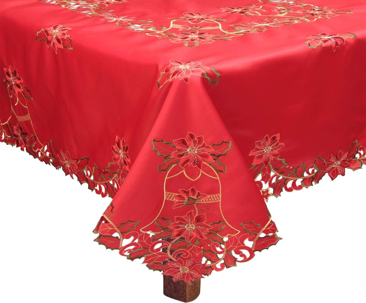 Creative Linens Holiday Christmas Embroidered Poinsettia Bell Tablecloth 70x90 with 8 Napkins RED Rectangular