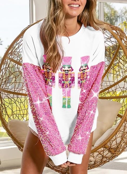 Aonoapll Women Christmas Nutcracker Sweatshirt Sequin Embroidered Oversized Sweater Long Sleeve Pullover Sweatshirts Top - Image 3