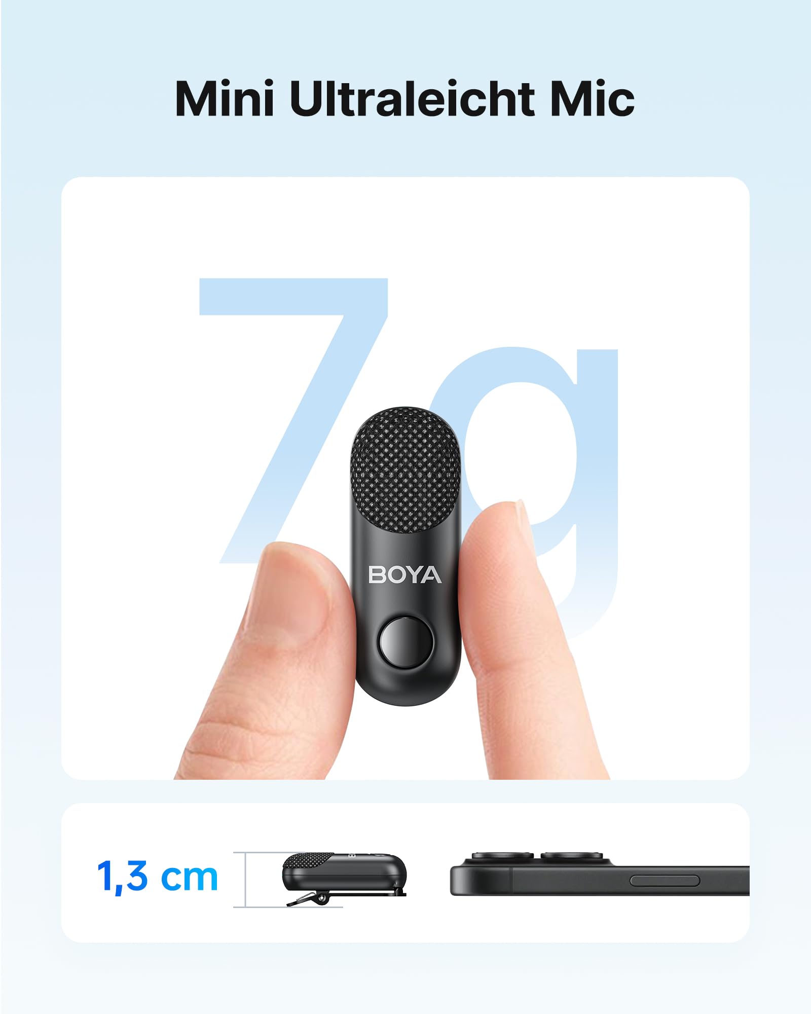 BOYA Magic Kabellos Mikrofon Handy (Ohne Ständer), Clip-On-, Hand-, Tisch-, Kamera-Mikrofon für iPhone 7~17, Mini-Lavalier-Mikrofone mit USB-C/Lightning/3,5-mm-Klinke, Ansteckmikrofon für Vlogging