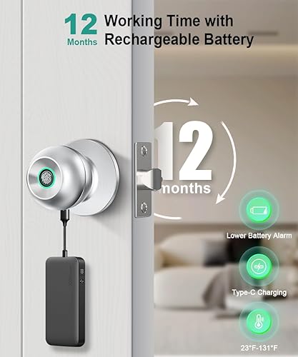 Miniatura 4 de Cerradura de puerta de huellas dactilares, perilla inteligente de puerta de huellas dactilares con cerradura, perilla de puerta biométrica con