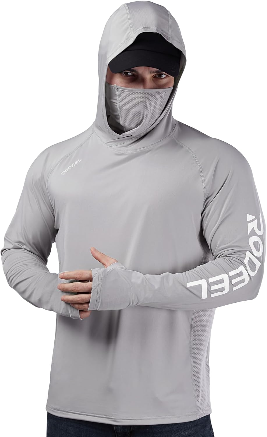 Rodeel UPF 50+ Men’s Long Sleeve Performance Fishing Hiking Shirt with Mask UV Neck Gaiter Hoodie