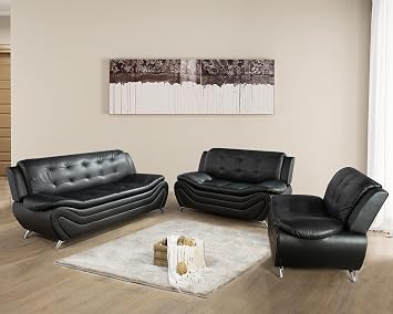 Contemporary Living Room Furniture Set, Faux Leather Sofa Set for Living Room/House/Bedroom/Office/Apartment Black-A, Full Set3PCS, F45&F46