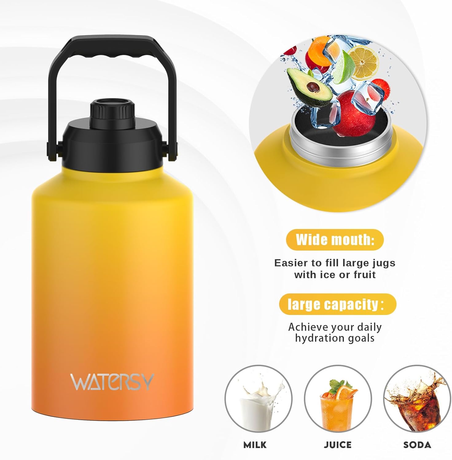 WATERSY 1 Gallon Water Bottle Insulated(Cold for 48 Hrs),BPA Free&Leak Proof,128oz Stainless Steel Water Jug,Big thermo,Large Water Bottle with Handle for Gym,Hiking,Camping&Travel,Gradual Yellow - Image 5