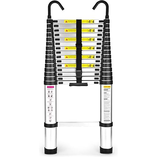 15.5 Ft Telescoping Ladder, SocTone Aluminum with Non-Slip Feet, 330lbs Max Capacity, Collapsible Ladder with Hooks for RV or Outdoor Work
