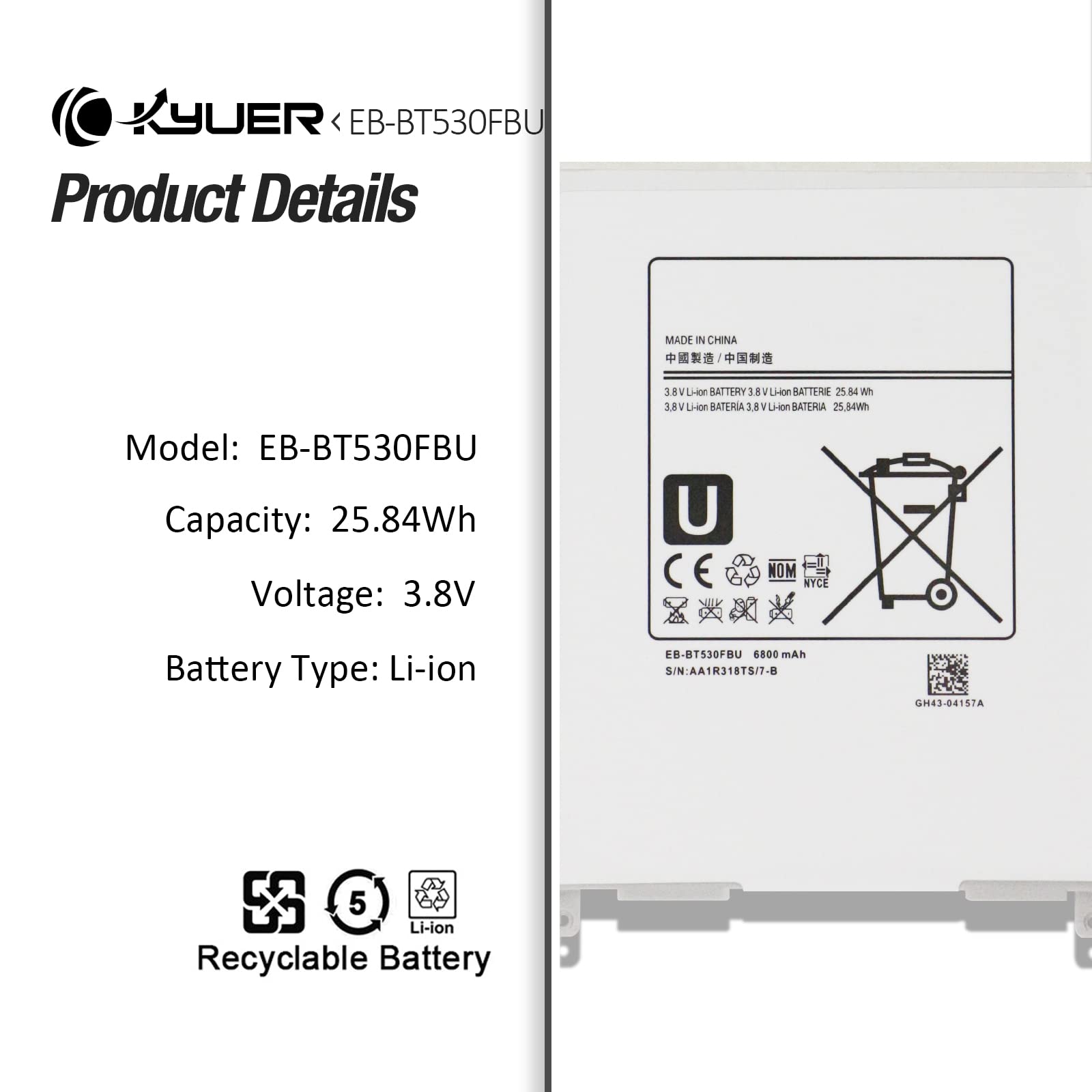 EB-BT530FBU Batterie Samsung Galaxy Tab 4 10.1 SM-T530 SM-T531 SM-T535 SM-T537 SM-T532 SM-T533 T536 T530NU T537A T537V T537R4 3G 4G/LTE WiFi
