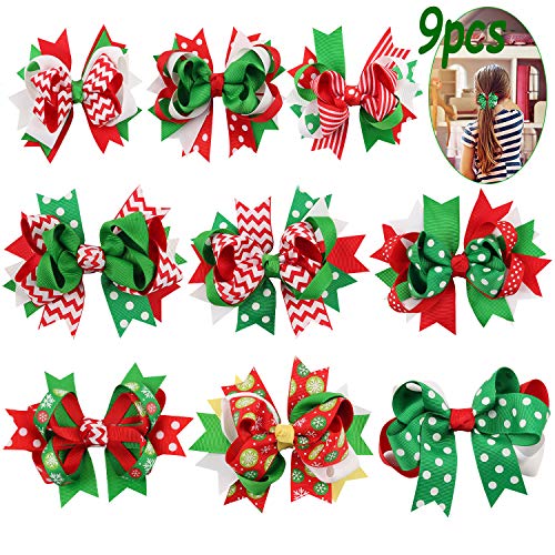 Christmas Hair Clips, Fascigirl 9pcs Grosgrain Hair Bows Hairpins Christmas Gifts for Girls