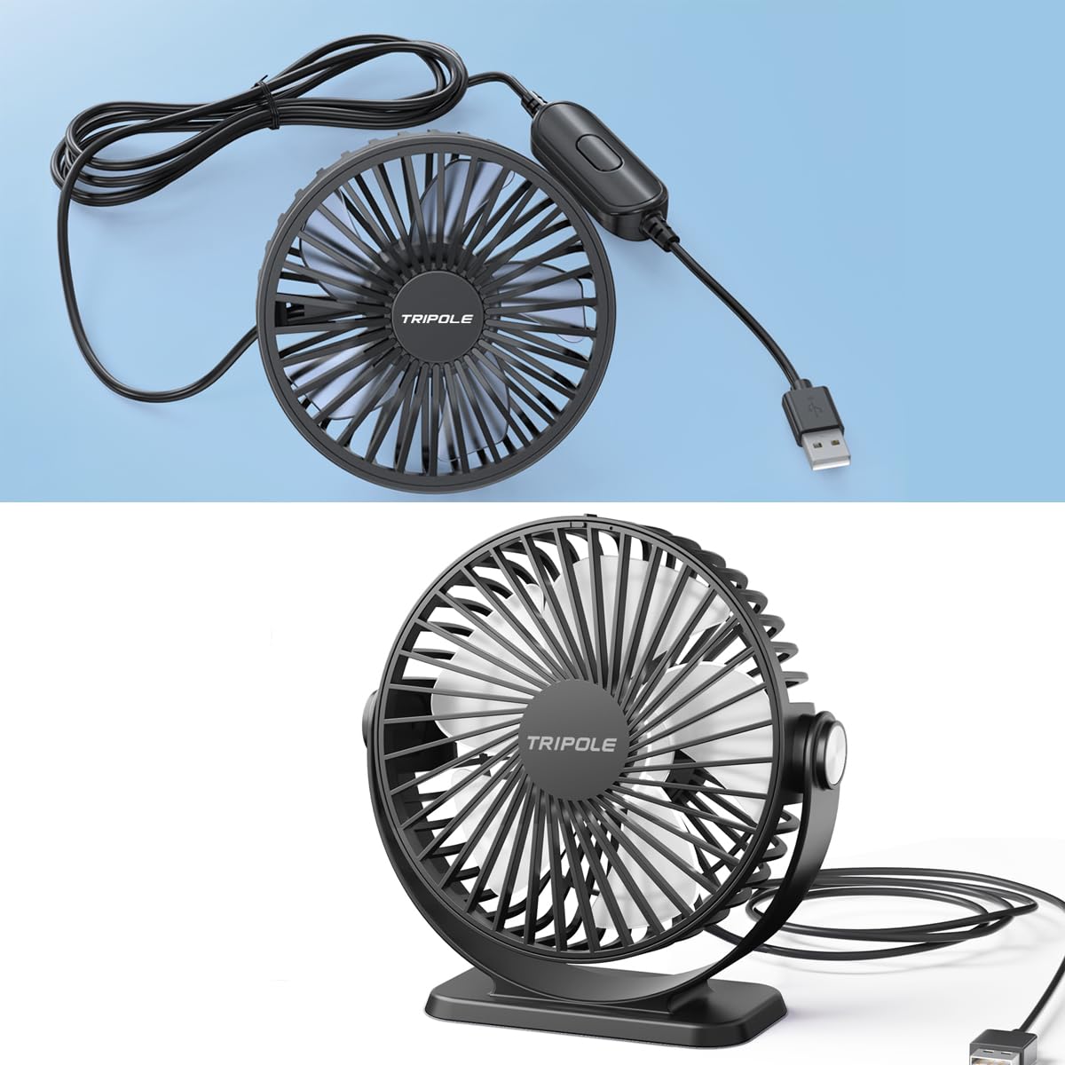TriPoleCar Fan USB Powered Desk Fan Bundle 3 Speeds Cooling Electric Fan