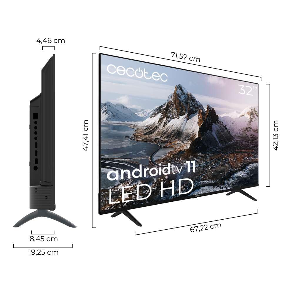 Cecotec Téléviseur LED 32 « Téléviseur LED intelligent série a3 ALH30032s. Résolution LED HD, Android 11, design sans cadre, MEMC, Dolby Atmos, HDR10, 2 haut-parleurs de 10 W, modèle 2023