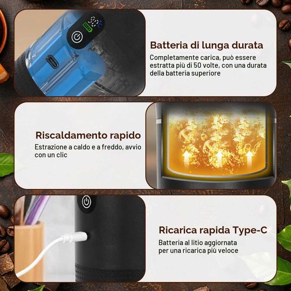 Macchina per caffè espresso portatile 3 in 1 Mini macchina da caffè da viaggio 20 Bar con USB-C, macchina da caffè da campeggio, autoriscaldante, compatibile con caffè macinato e capsule per
