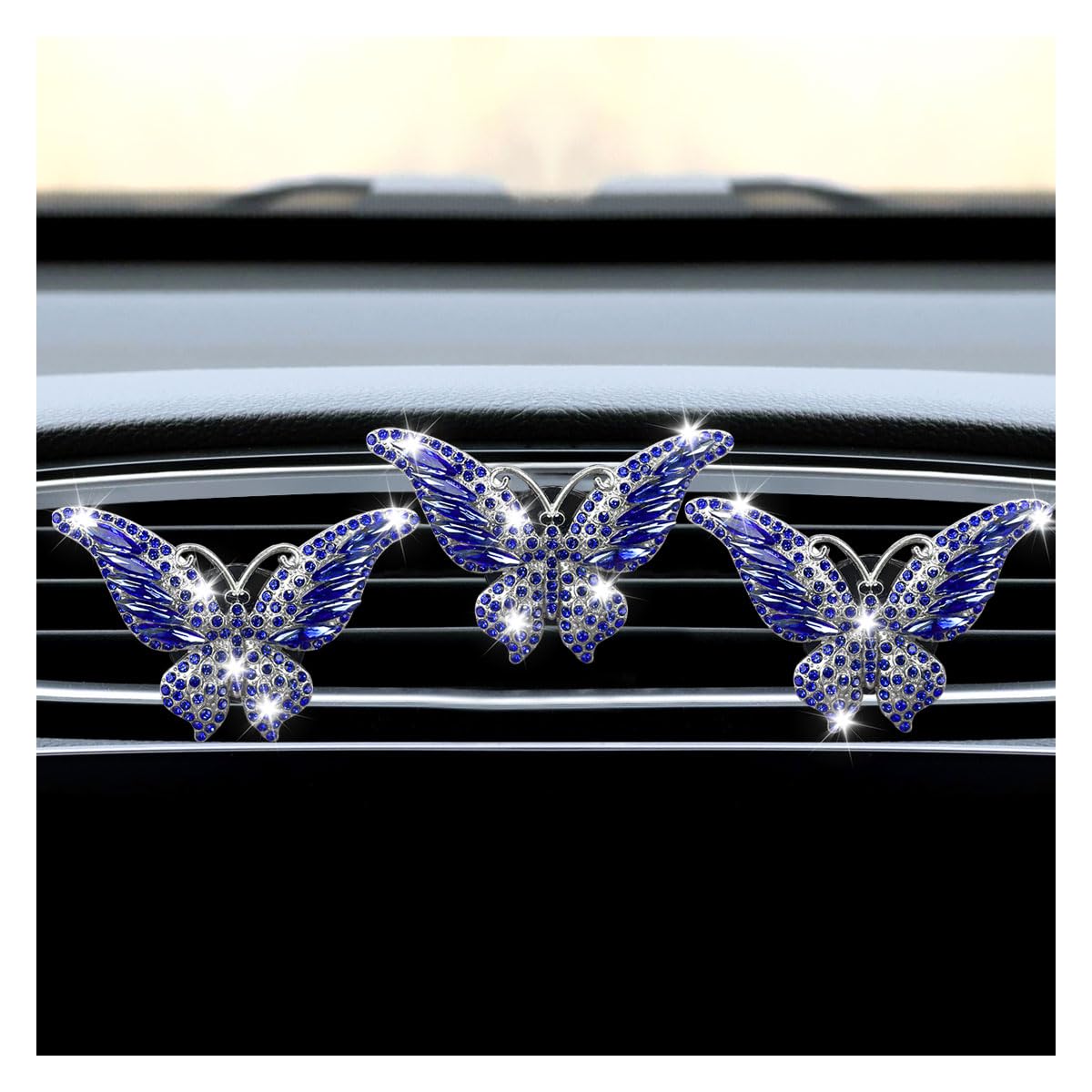 3 clip per bocchetta dell'aria dell'auto a forma di farfalla, con strass di cristallo, simpatiche clip per diffusore di aromaterapia, decorazione interna per auto, accessori per ragazze e donne (blu)