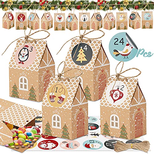 Calendario Dell'avvento, 24 Scatole Calendario Dell’avvento, Calendario Dell'Avvento da Riempire, Sacchettini Carta Kraft Natale con 24 Adesivi Numerici, Natalizie Sacco di Carta Bustine Regal