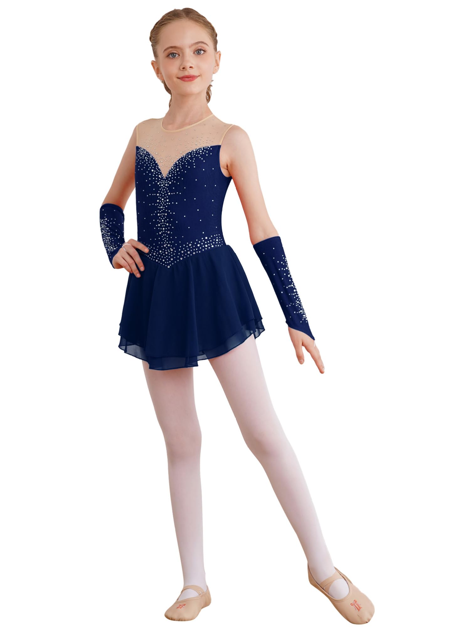 CHICTRY Kürkleider Eiskunstlauf Mädchen Strass Glitzer Ballettkleid Ärmellos Tanzkleid Cut Out Ballettanzug Mit Fingerlose Handschuhe Tanzkostüm