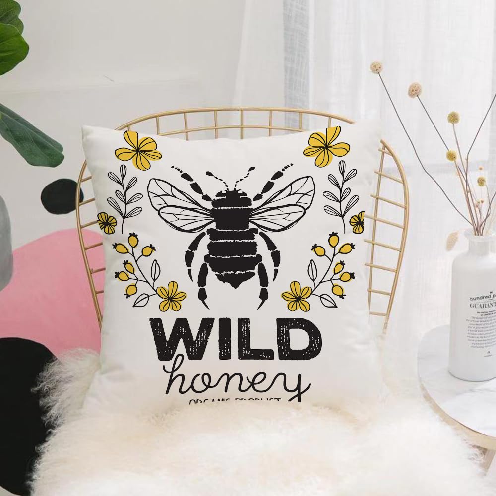 HYOSXW Cushion Cover,Throw Pillow Case Home Decorative for Living Room Bedroom Sofa Chair 16X16 Inch,Hand-drawn black bees and the WILD honey organic product logo,Pillowcase 40X40cm