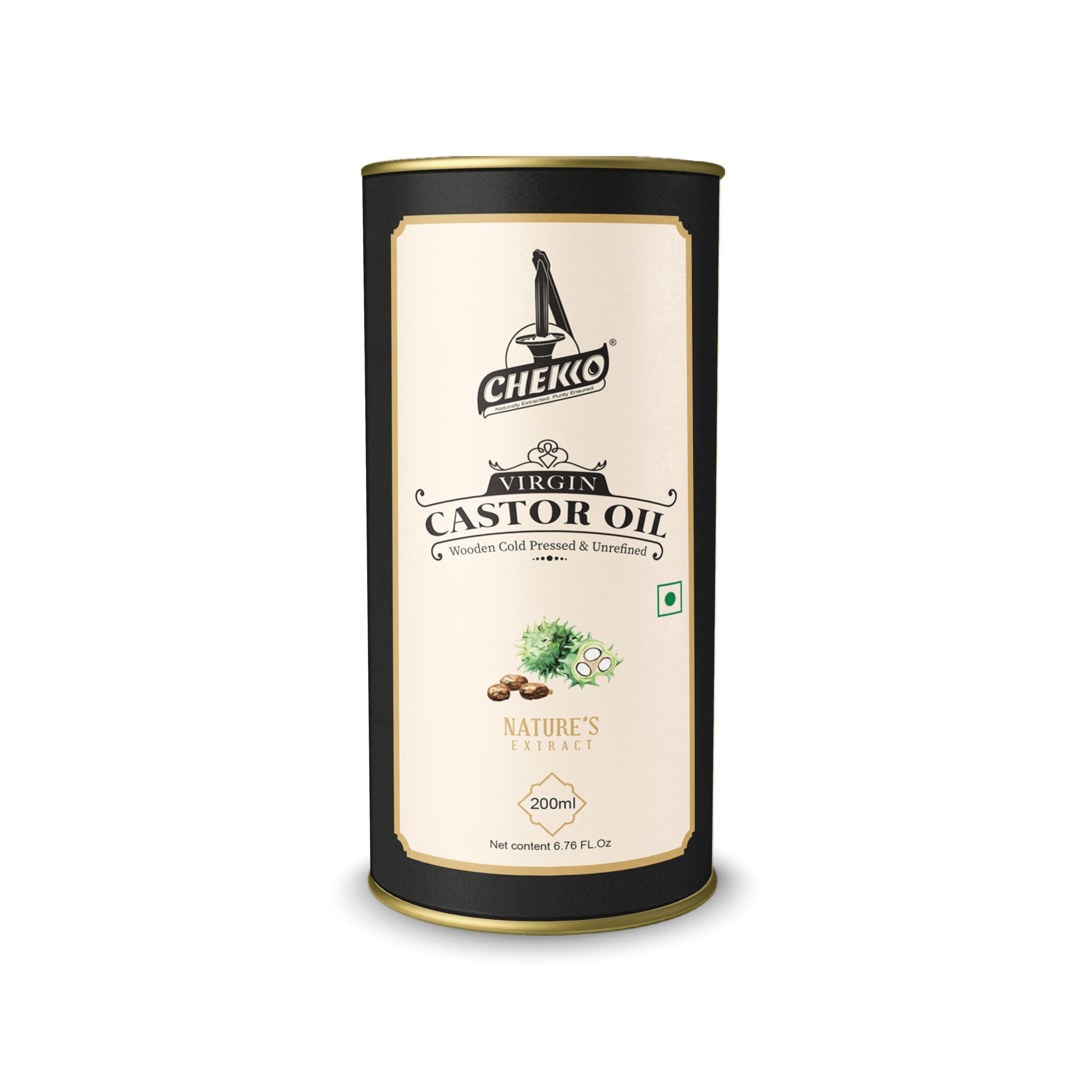 Chekko Cold Pressed Virgin Castor Oil | 100% Natural, Pure & Wood Pressed (200ML) for Baby Massage, Constipation, Healthy Hair, Eye and Skin Care