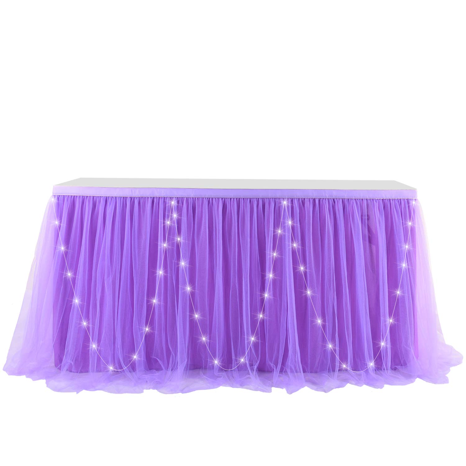 CO-AVE Purple Tulle Table Skirt with Lights 14FT Tutu Table Cloth for Round or Rectangle Tables Perfect for Baby Shower Wedding Birthday Party and Home Decoration(L 14(ft),H 30in)