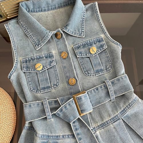 Fashion Toddler Girl Denim Shirt Dress with Belt Kids Summer Sleeveless Lapel Dress Retro 𝐁utton Denim Dresses2