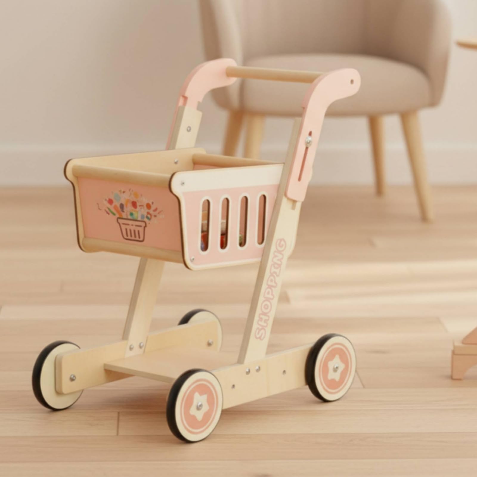 Carrello Shopping Giocattolo Carrello Spesa Giocattolo Bordi Arrotondati Legno Naturale per Bambini