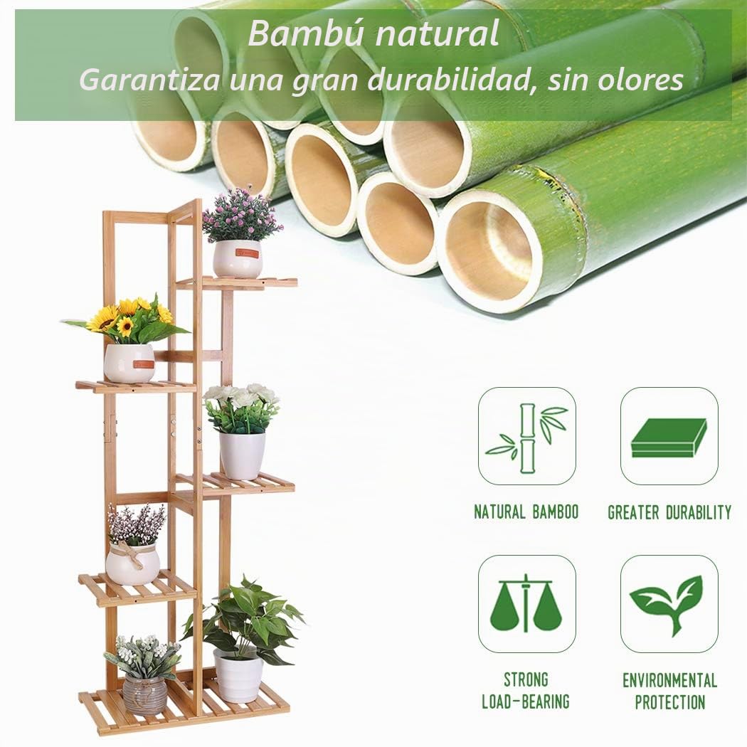 Medla Estantería para Macetas de Bambú, Escalera para Flores Trapezoidal con 6 Estantes Soporte Plantas Estante Vertical para Esquina Exterior Interior Balcón Jardín Sala de Estar 40 x 20,2 x 102 cm