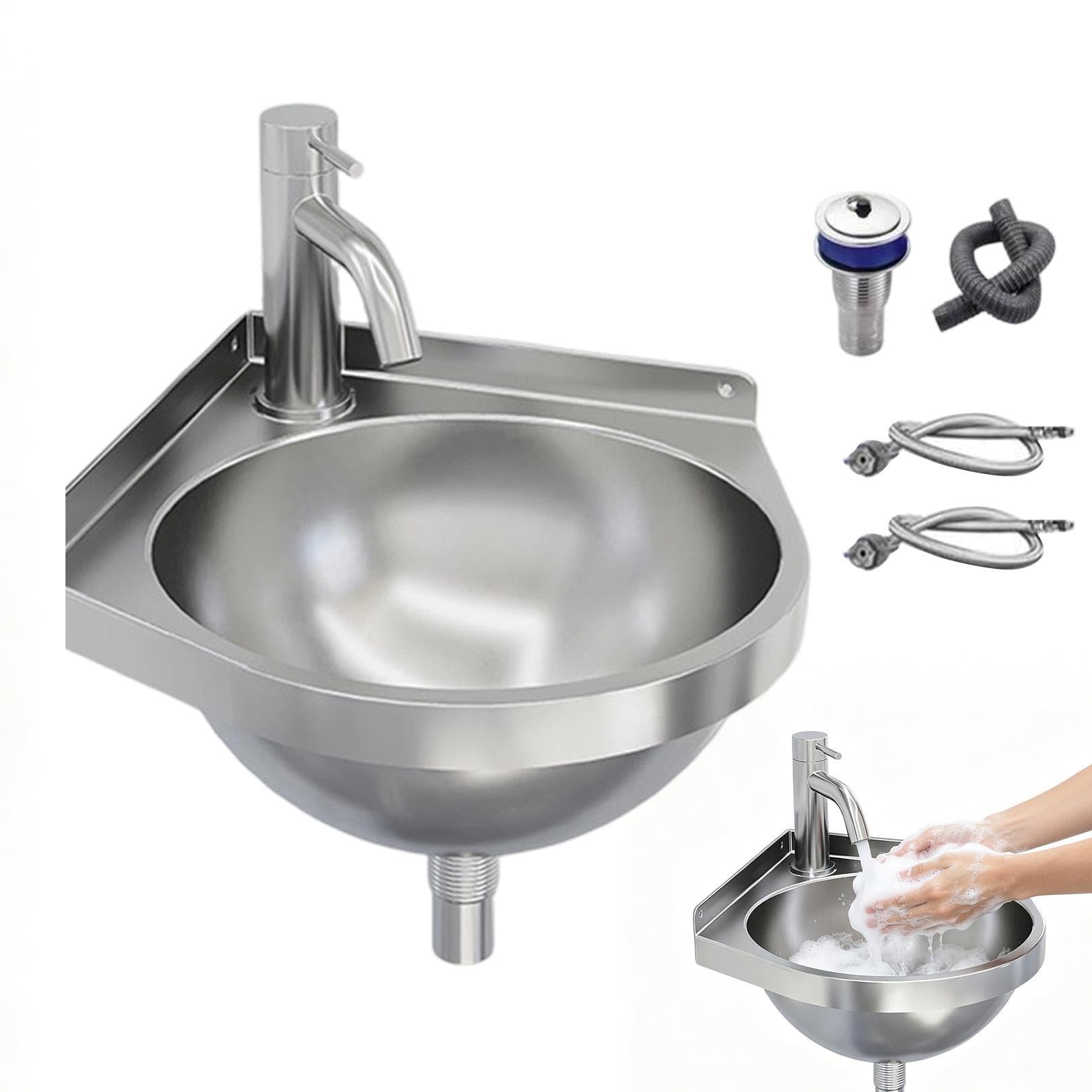 Lavabo de pared Lavamanos Esquinero con Grifo de Acero Inoxidable | Lavabo para Espacios Reducidos Para Jardín, Patio, Apartamento, Trastero, Baño, Cocina y Entrada Principal