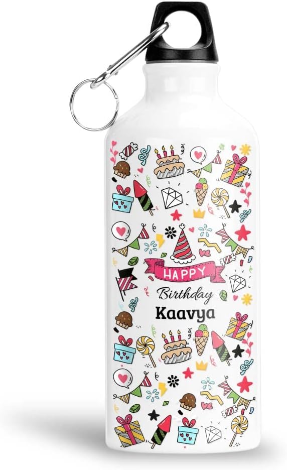 FurnishFantasy Happy Birthday Personalised Aluminium 750ml Water Bottle for Kids - Best Birthday Gift for Son, Daughter, Brother, Sister, Return Gift for kids - Color - White, Name - Kaavya