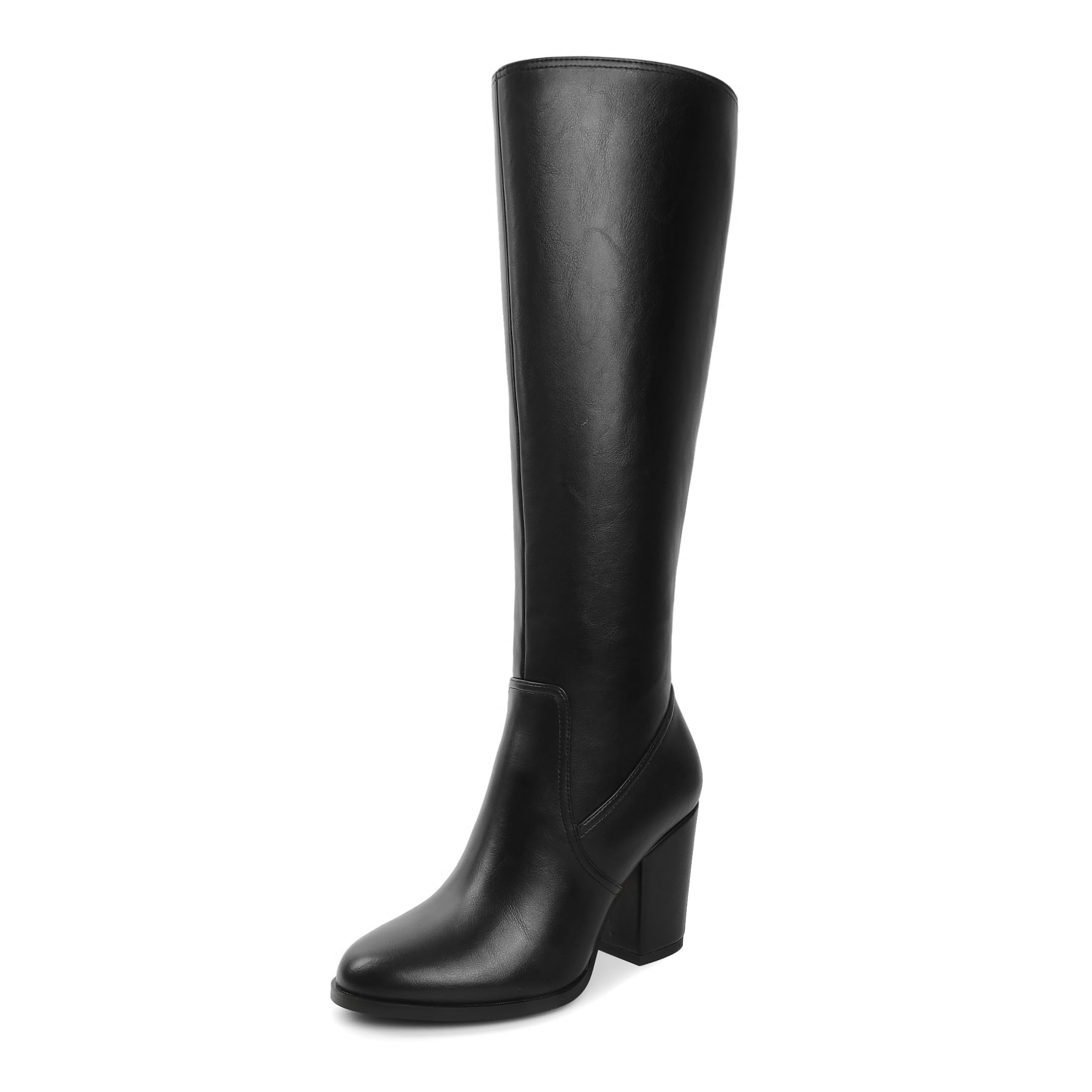 Eldof Knee High Boots for Women Chunky Heel Round Toe Block High Heel Tall Long Leather Boots Gogo