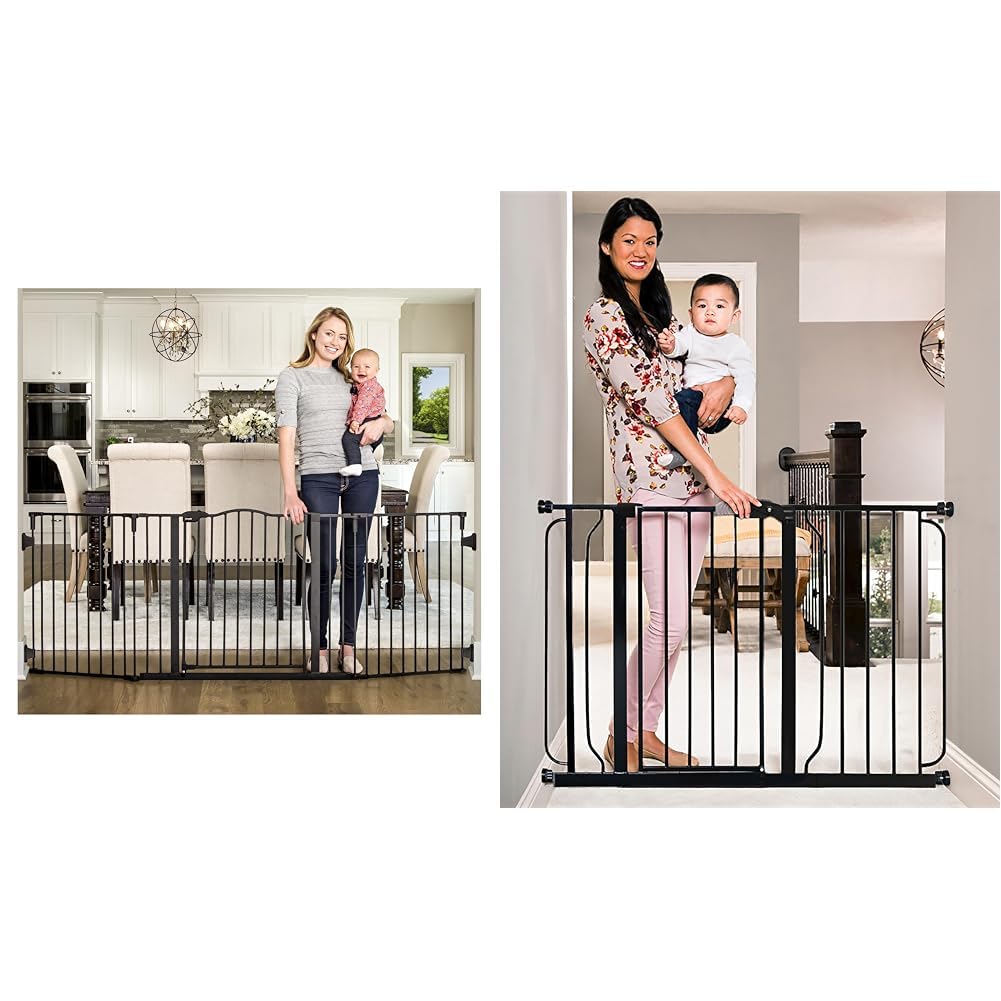 regalo deluxe home accents widespan safety gate, 74.5" w x 28" h, includes 4 wall mounts, black & easy step 49-inch extra wide baby gate, includes 4-inch and 12-inch extension kit