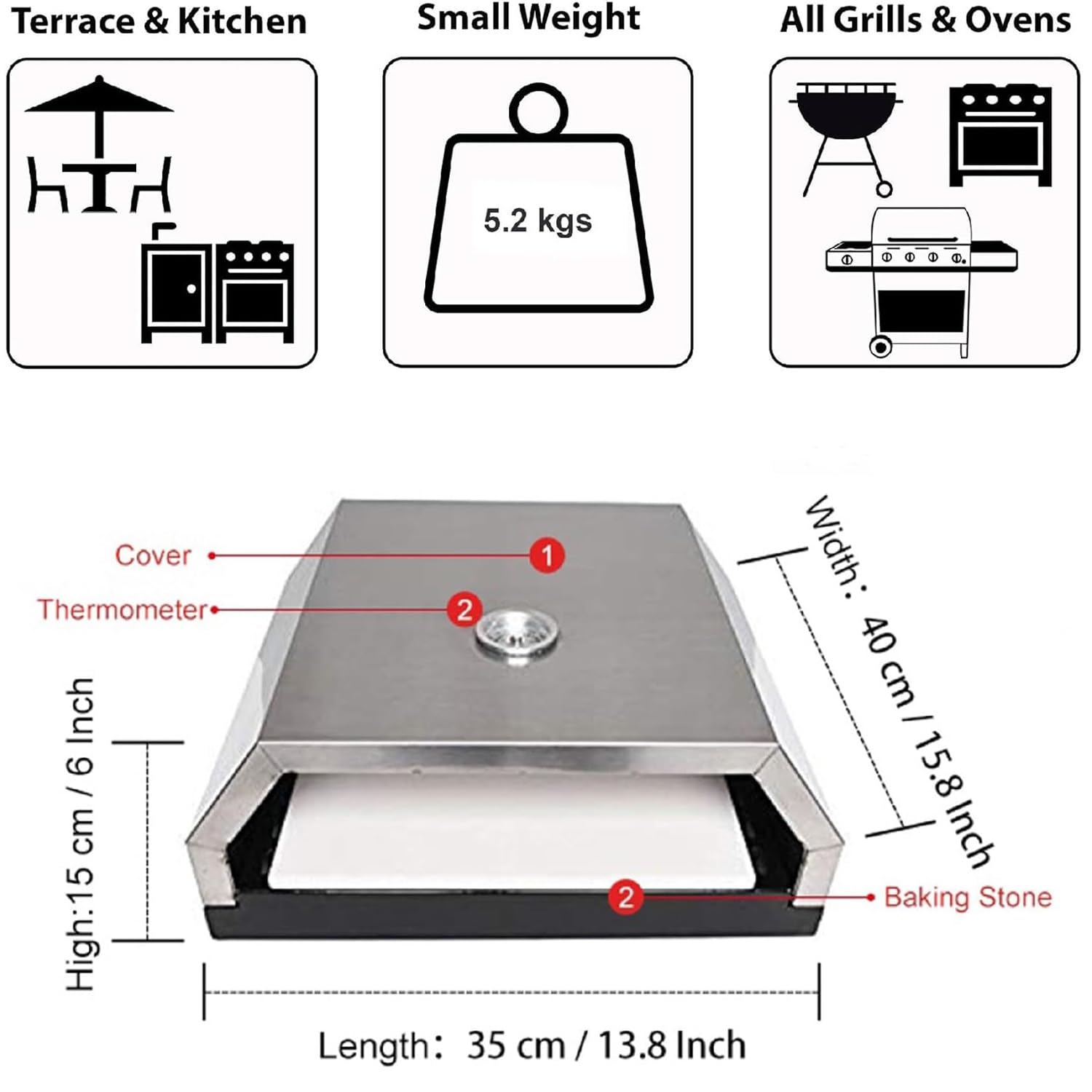Forno elettrico portatile per pizza, per interni ed esterni, con termometro, in acciaio inox, per casa e campeggio