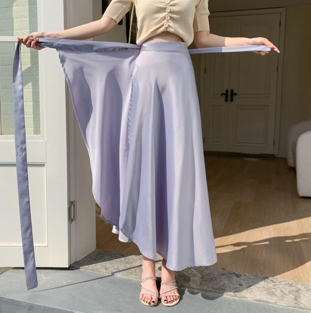 OZEO Rock Damen,Damen Flieder Satin Midiröcke Hohe Taille Schnürrock Überlappung Rüschen Wickelrock Sommer Schlitz Unregelmäßig A-Linie Swing Geraffte Elegante Lange Röcke Für Mädchen Damen,S