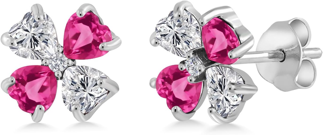 Gem Stone King 925 Sterling Silver Lab Grown Diamond and Pink Created Sapphire Stud Earrings for Women | 2.95 Cttw | Gemstone April Birthstone | Heart Shape 4MM