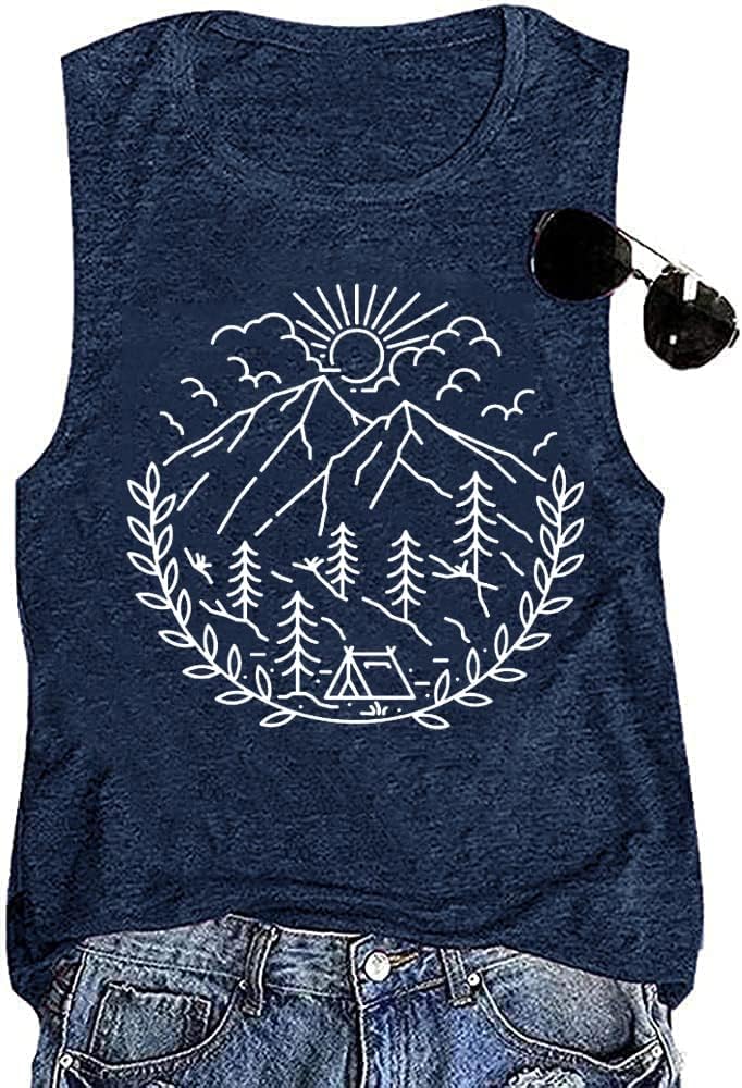 Women Hiking Camping Outdoor Tank Top Summer Mountain Nature Funny Graphic Print Round Neck Workout Athletic Sleeveless Tops
