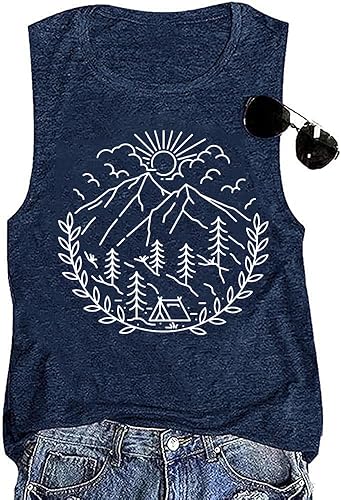 Camiseta sin mangas para mujer, senderismo, campamento, al aire libre, verano, montaña, naturaleza, divertida, estampado gráfico, cuello redondo,