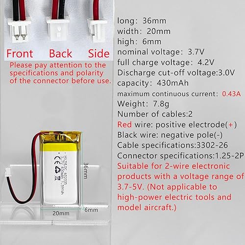 Miniatura 2 de DC 3.7V 430mAh 602035 Batería recargable de polímero de litio, adecuada para productos electrónicos de bricolaje 3.7-5V con reemplazo de batería de