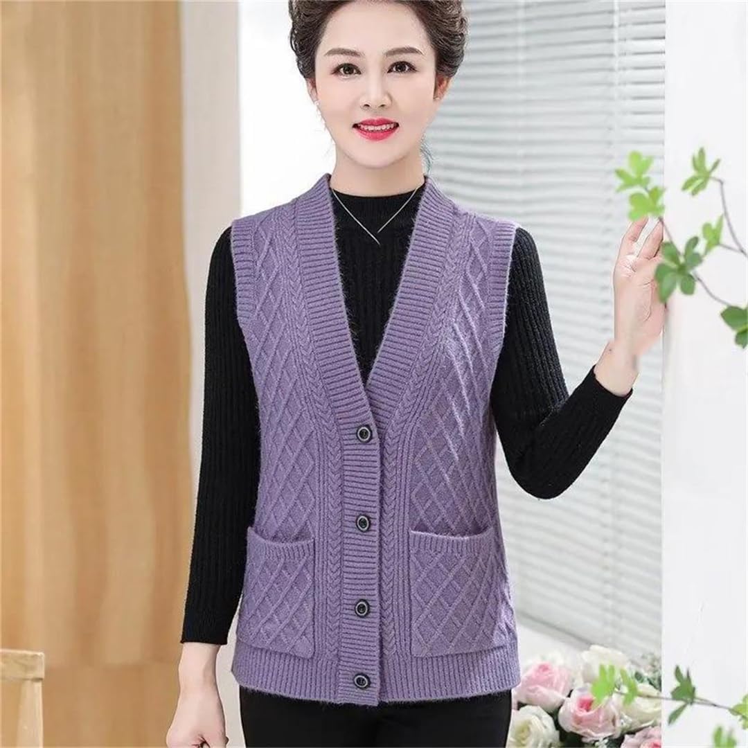 Women's Knitted Sweater Vest Solid Color V-Neck Buttons Down Sleeveless Outwear With Pockets