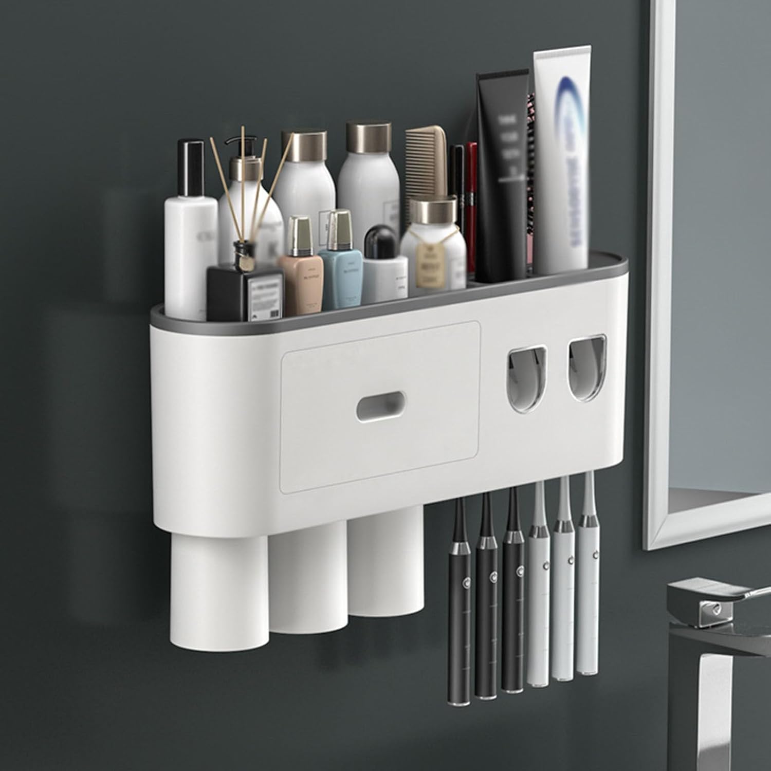 Bathroom Toothbrush Holder With Dual Automatic Toothpaste Dispenser Squeeze Kit, 2/3/4/5 Cup Wall Mounted Toothbrush Holder, 6 Brush Slots, Large Capacity Tray, Cosmetic Drawer,3cups