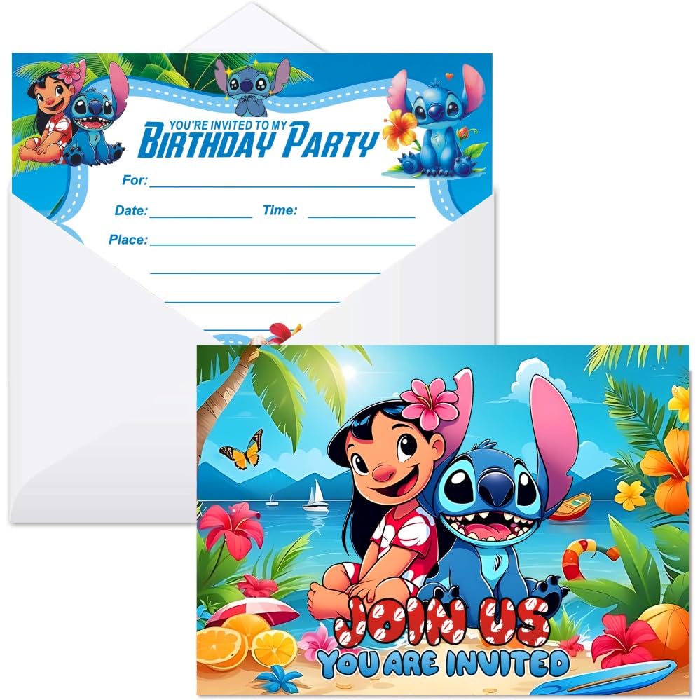 ARHAVI 16pcs Stitch Birthday Invitation Cards with Envelopes Stitch Party Supplies for Kids Birthday Decorations