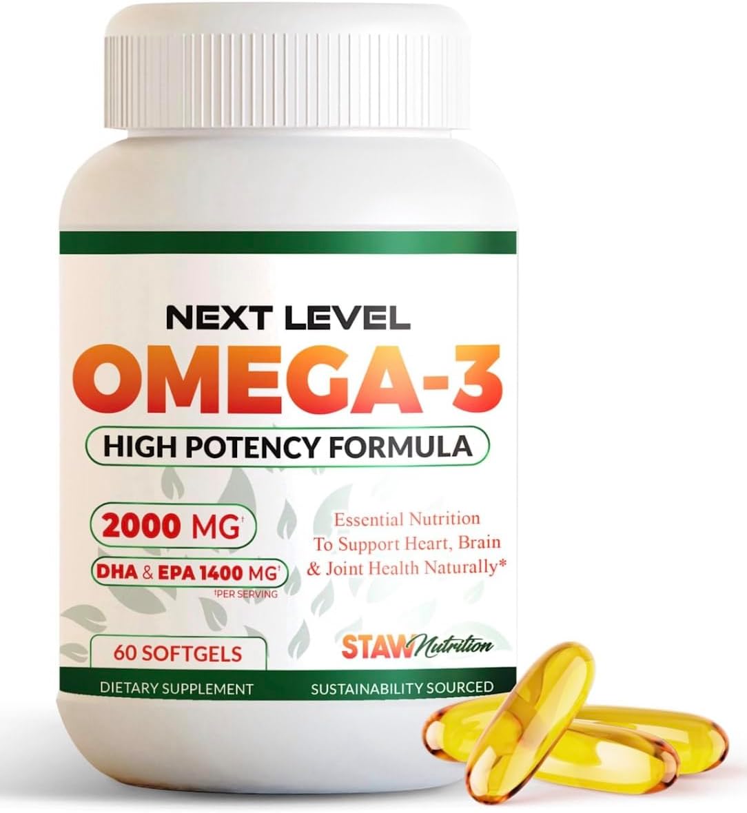 STAW Nutrition Next Level Omega 3 Fish Oil, 2000mg High Potency Formula, 60 Softgels