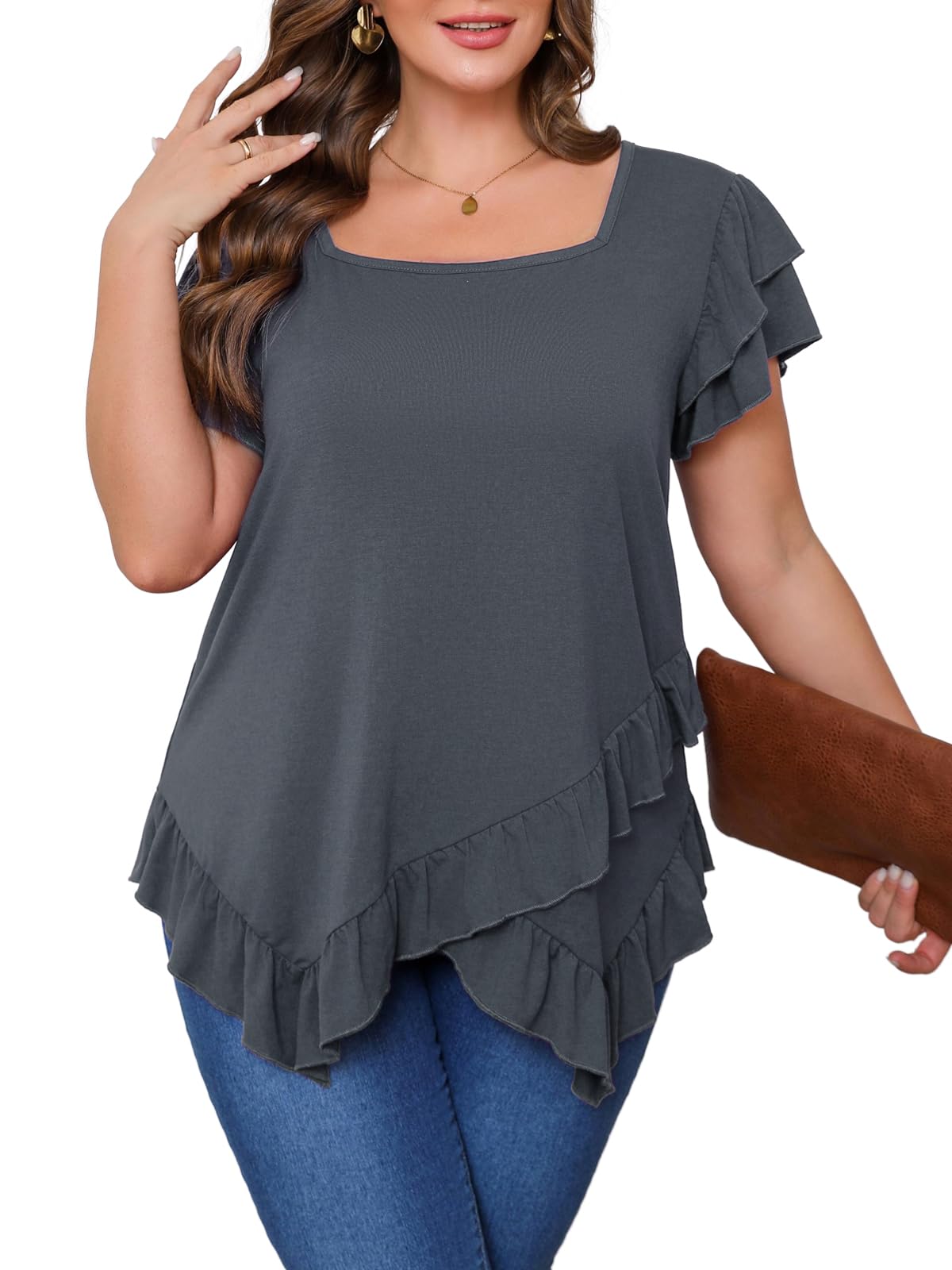 Beauhuty Womens Plus Size Shirts Square Neck Loose Tops Ruffled Hem Tunic Casual Flowy Dressy Blouses Ruffle Short Sleeves