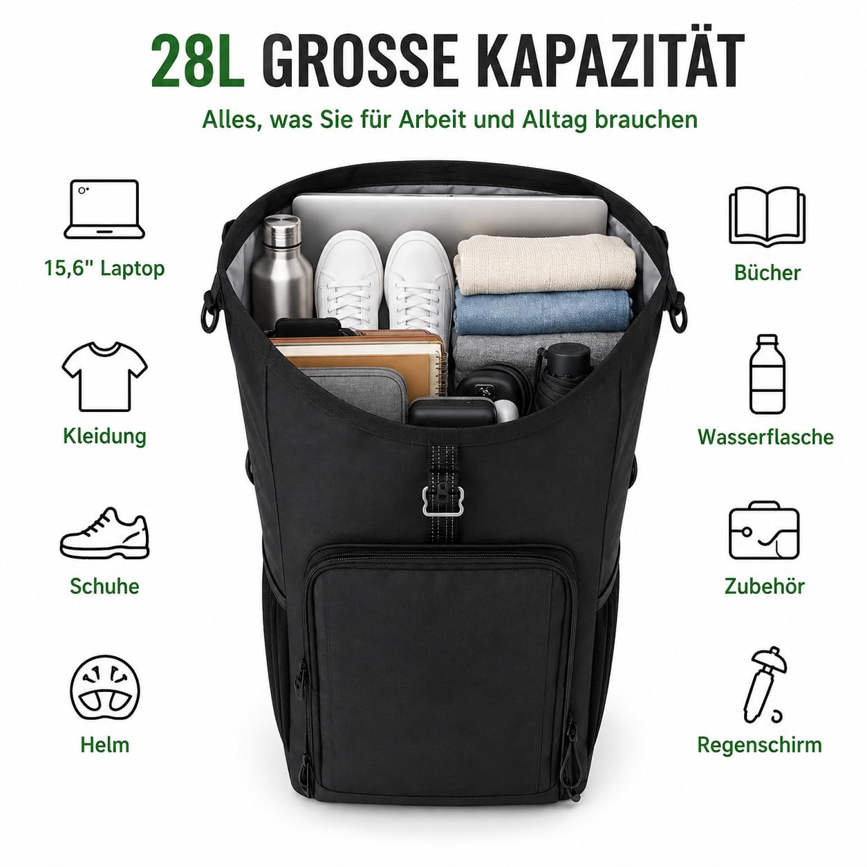 Alforja para bicicleta 2 en 1, portaequipajes y mochila, impermeable, con soporte de liberación rápida, para uso diario y excursiones (negro, 30 L)