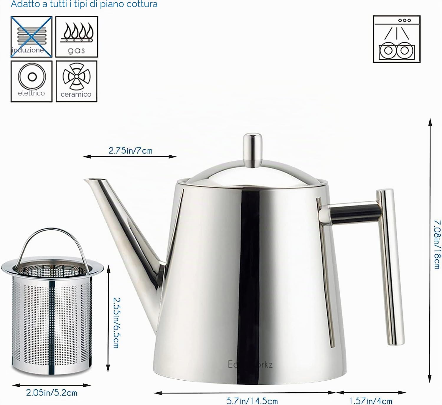 Easyworkz Teiera in acciaio inossidabile con infusore rimovibile, bollitore per tè da 1500 ml