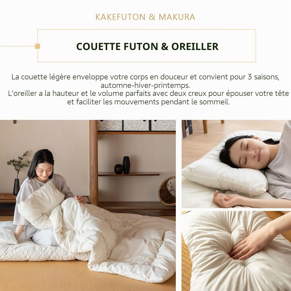 EMOOR Ensemble Futon Japonais Peu Encombrant (Matelas Futon, Couette & Oreiller) 95 x 195 cm Blanc, Fabriqué au Japon Matelas Pliable pour Dormir au Sol Shikibuton Tatami Camp Usage Invité