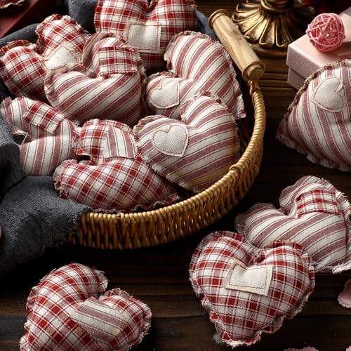 Gemscream 12 Pcs Christmas Heart Ornament 3.15 Inch Vintage Fabric Stuffed Heart Hanging Ornaments Rustic Red White Buffalo Plaid Check Decor 4 Styles for Tree Farmhouse Home Xmas Party DIY Crafts