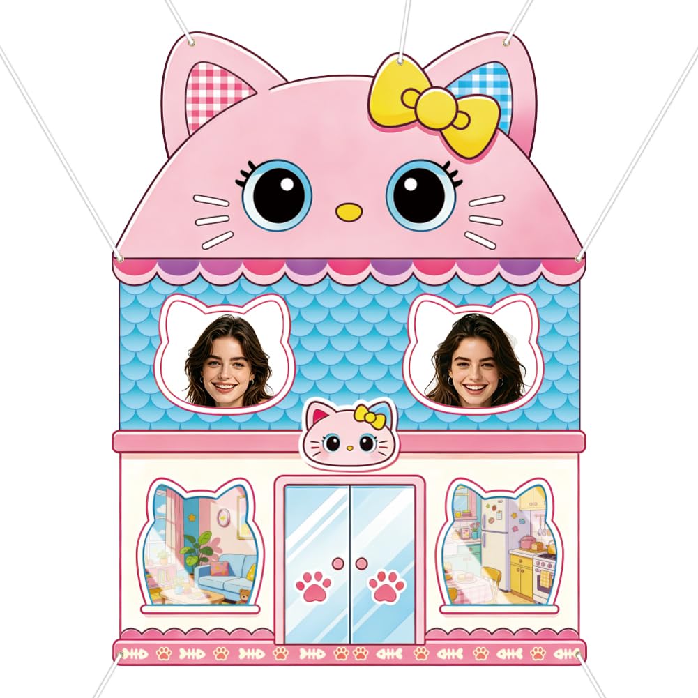 WADORN Cute Cat House Booth Photo Prop Backdrop, 6.5x4.9 Ft Cartoon Cat Theme Party Backdrop Decoration Pink Kitten Theme Photography Background Banner Hanging Supplies for Women Birthday Decoration