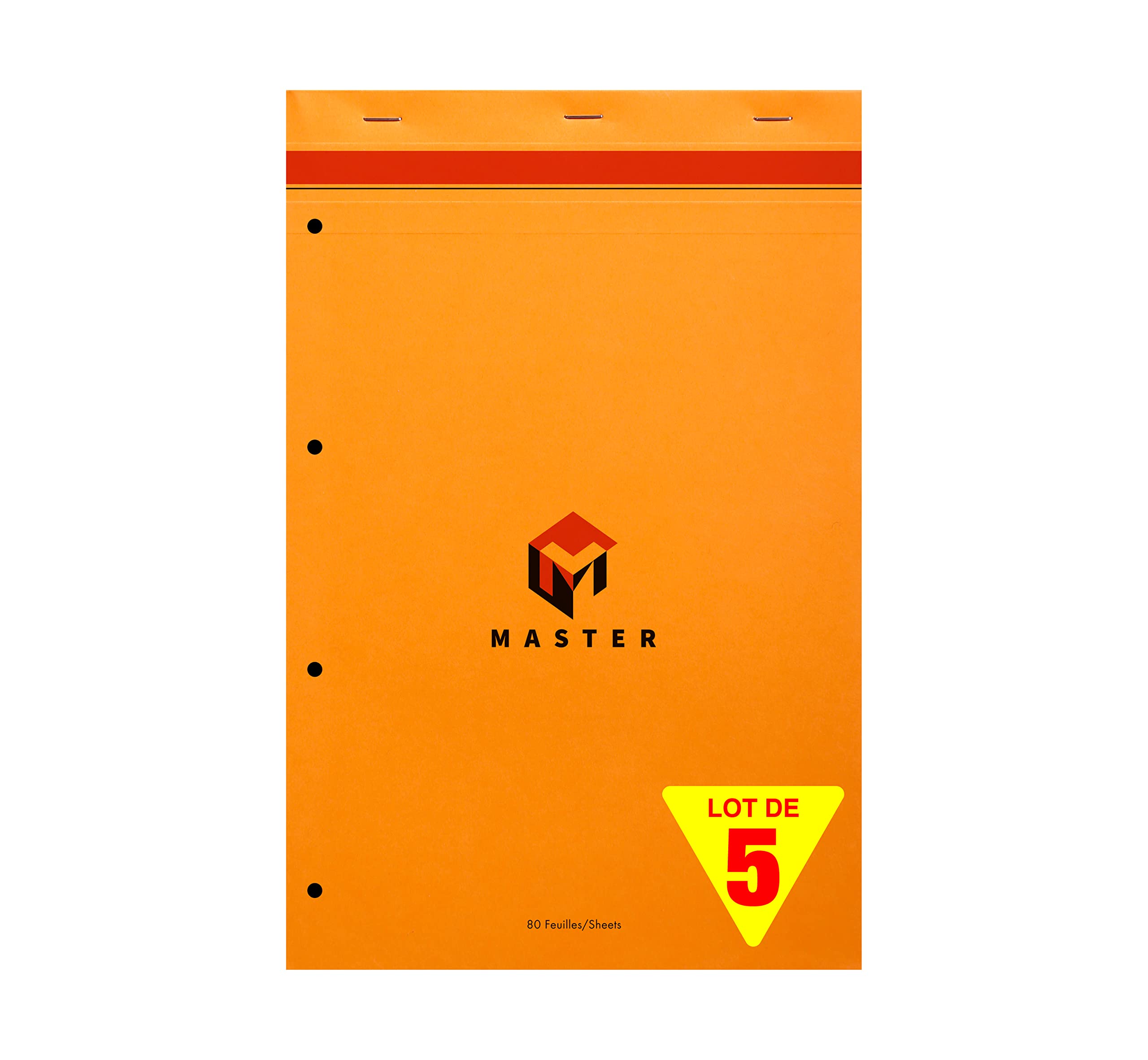 Calligraphe (Gamme Bureau Clairefontaine) 10774C - Un Paquet de 5 Blocs Master Agrafé en-Tête 80 Feuilles Perforées 4 Trous 21X31,8cm 80G Petits Carreaux, Couverture Carte enduite, Orange